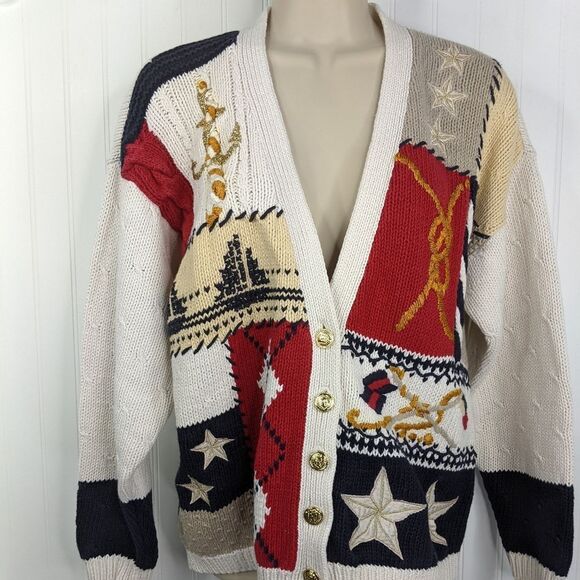 VINTAGE Nautical Y2K Cardigan Sweater Sz L - Picture 2 of 15